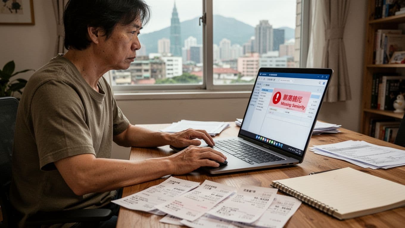 工會加保年資被取消,還能救回來嗎?一般處理方向 A concerned Taiwanese adult in a home office checks labor insurance records on a laptop showing a red alert for missing seniority, with a Taipei cityscape visible through the window and scattered documents on the desk.