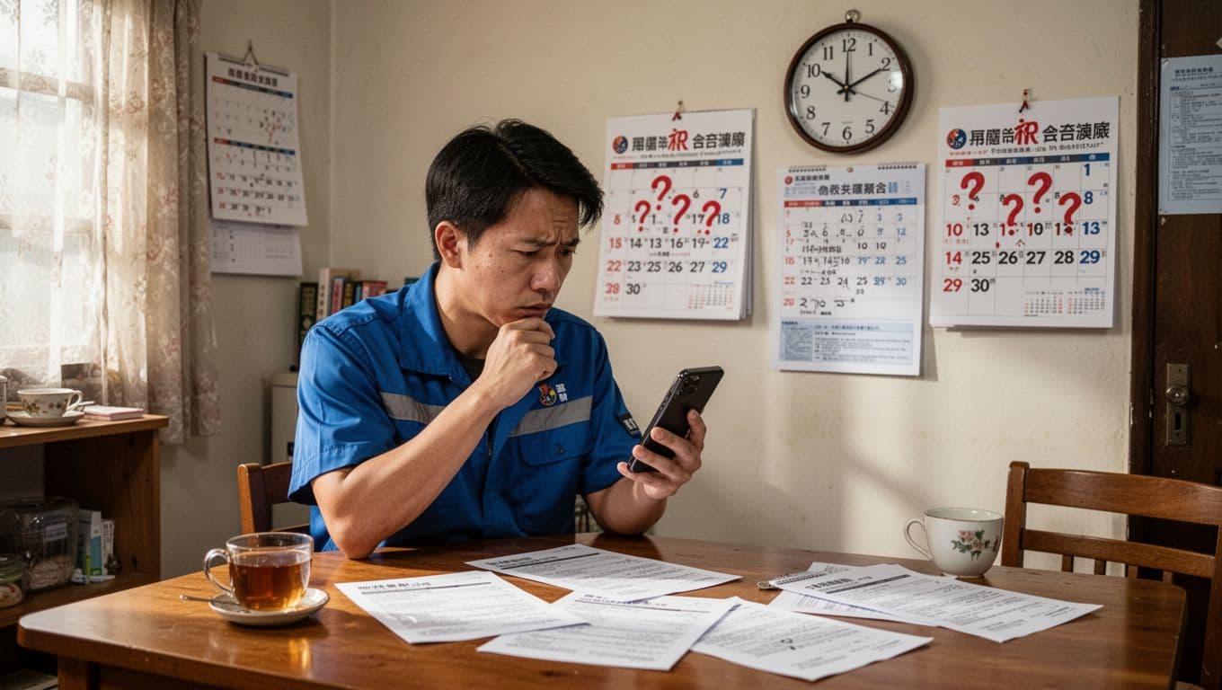 打零工族加入工會最常卡關:資格認定與工作證明 A realistic landscape image of a concerned Taiwanese delivery worker in a simple apartment, checking a calendar on his phone and a wall calendar marked with insurance effective dates and question marks, surrounded by union application forms and a clock showing waiting time.