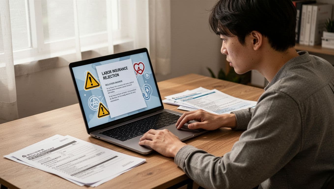 接案者意外失能,勞保能給多少保障? A concerned Taiwanese freelancer sits alone at a home desk, examining a labor insurance rejection notice on a laptop screen at an angle with abstract warning icons, surrounded by incomplete medical diagnosis forms and mismatched insurance records.