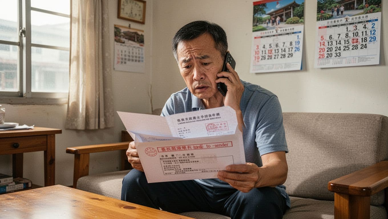 工會加保期間最容易忽略的10個小細節 In a realistic Taiwanese apartment living room during daytime, a middle-aged man sits on a sofa looking concerned at an opened 'returned to sender' envelope from the labor insurance bureau while holding a phone to his ear.