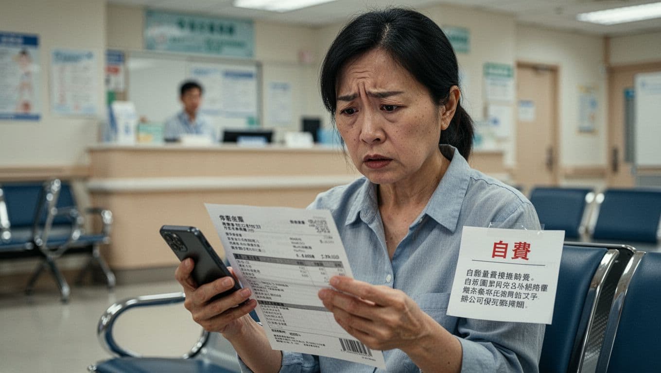 工會加保最怕的3件事:雙邊加保、欠費、資料不一致 A Taiwanese person sits in a hospital waiting area, looking concerned while holding a medical bill labeled '自費' and checking their phone for insurance status. The background features a blurred hospital reception desk and chairs in a photorealistic style with soft clinical lighting and tense atmosphere.