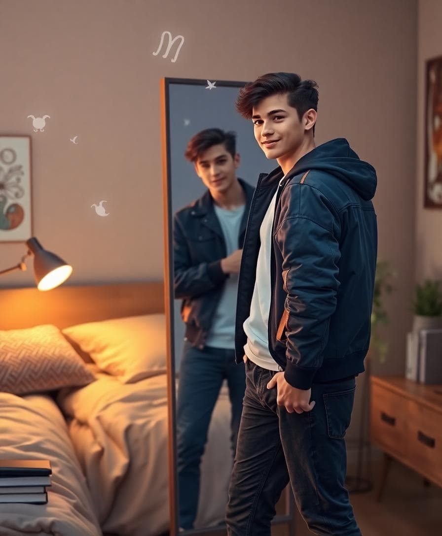 Image caption: 水瓶座在準備第一次約會時的自信與從容,AI 生成圖像,背景呈現智慧與好奇心的象徵元素。