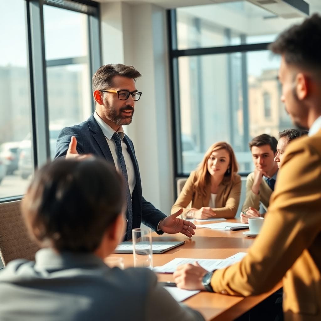 自信的上升獅子座在專業會議中領導與傾聽的場景