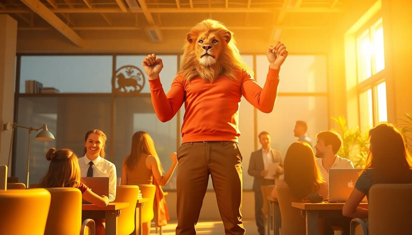 Image generated by AI: 獅子座領導力場景,團隊在共同目標下互動與激勵