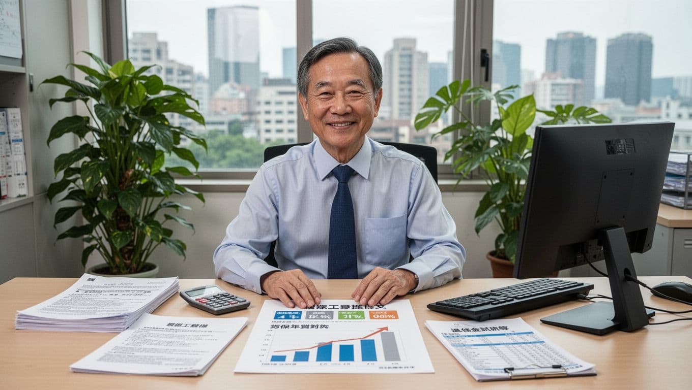 A middle-aged Taiwanese cram school teacher sits smiling confidently at a bright office desk with professional union insurance documents, labor insurance seniority comparison chart showing rapid increase, calculator, and pension calculation sheet. Background includes green plants and cityscape view through window, realistic style with high detail and soft natural light.