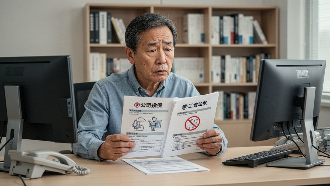 工會加保期間最容易忽略的10個小細節 A perplexed middle-aged man sits at an office desk, examining two overlapping insurance policy documents labeled for company and union coverage, with simple icons and no detailed text. The scene features a calculator, phone, soft indoor lighting, and a simple bookshelf background in high-detail realistic style.