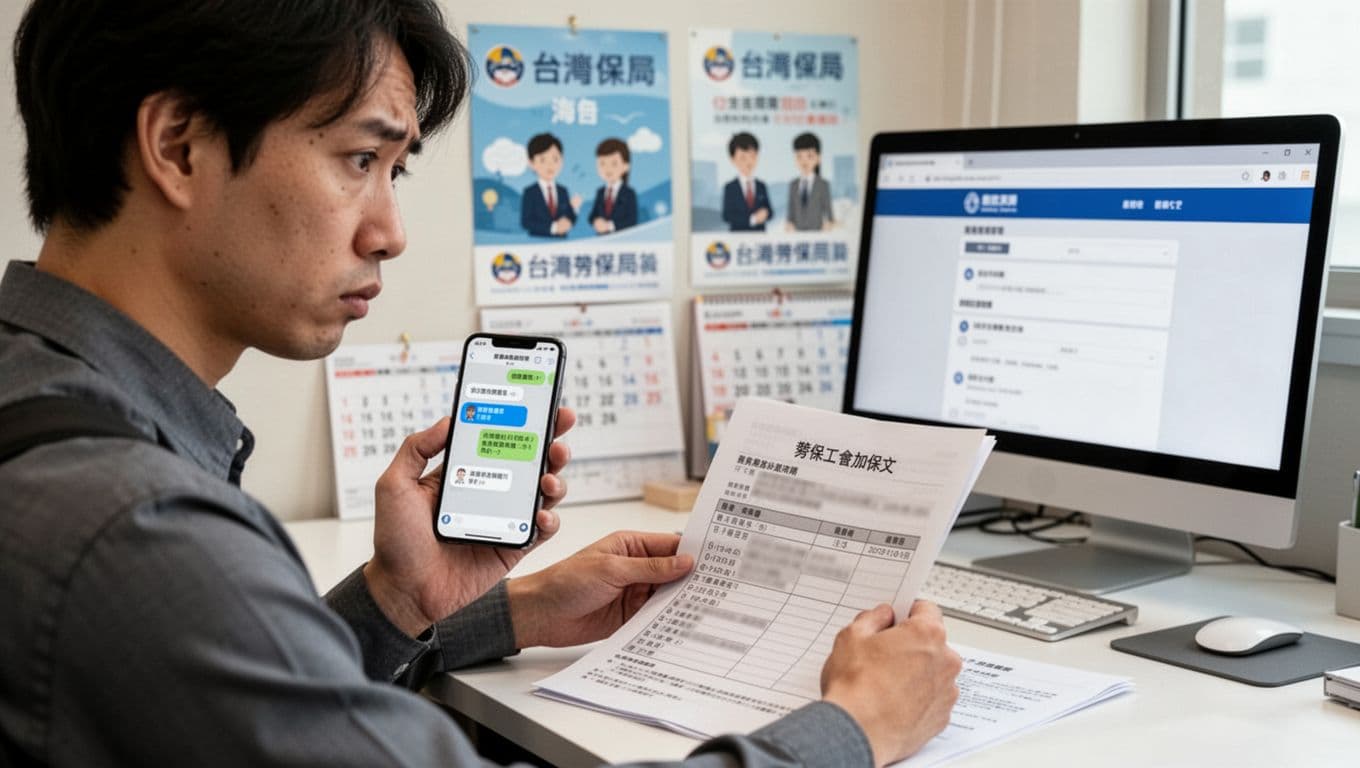 工會加保客服說法與法規不一致怎麼辦?3步確認法 A puzzled Taiwanese office worker sits at a minimalist desk, holding a phone displaying a customer service chat while flipping through labor insurance enrollment documents with blurred tables. Background features a Taiwan Labor Insurance Bureau poster, calendar, and computer screen showing a query page, in realistic style with bright natural light.