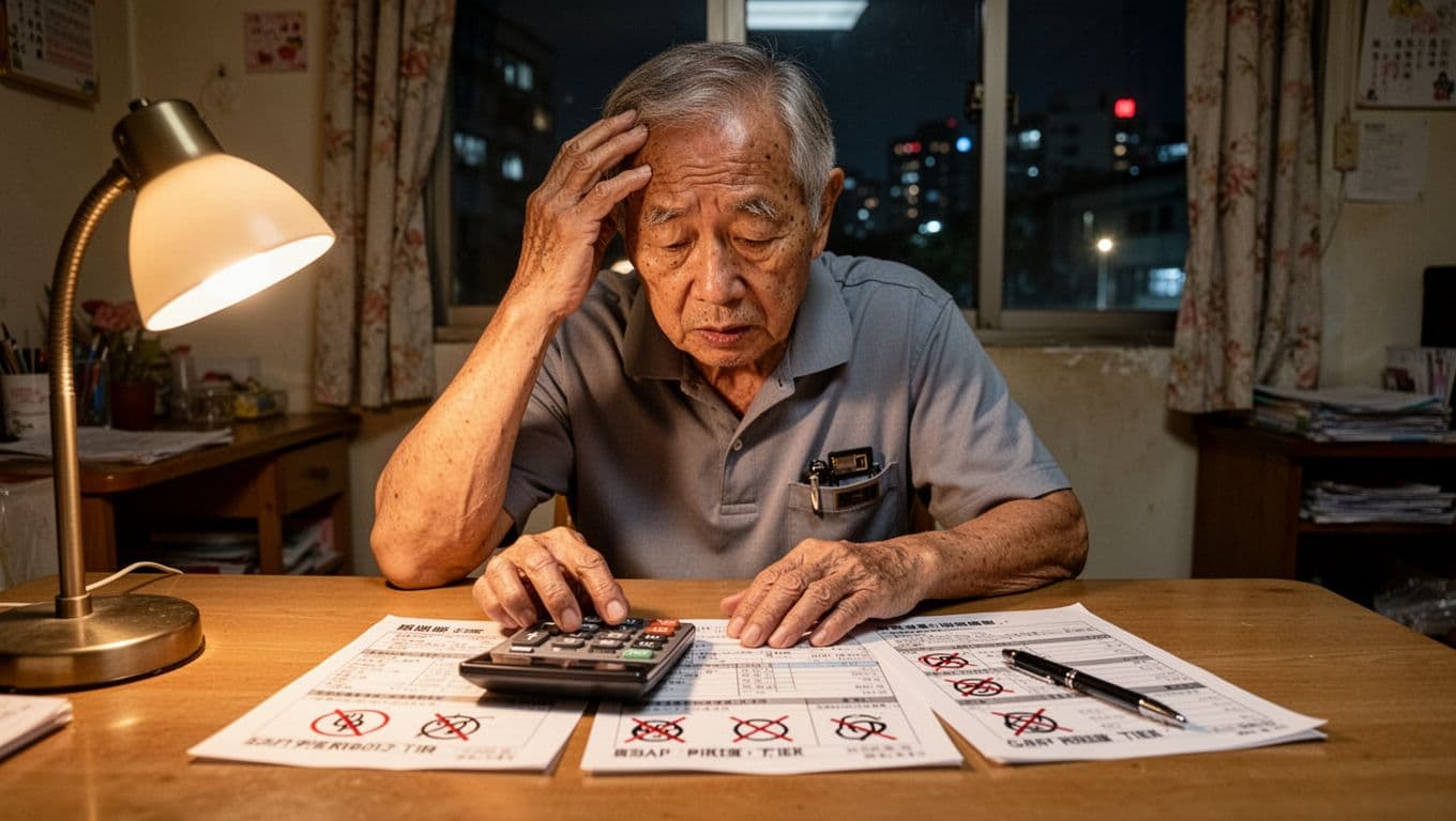 計程車司機退休怎麼規畫?年資、級距與現金流全指南 Photorealistic depiction of a 60-year-old Taiwanese taxi driver in a modest Taipei apartment, scratching his head in confusion over a calculator and labor insurance forms marked with common errors like unclaimed service gaps and incorrect tier choices, under warm lamp light with night city lights visible through the window.