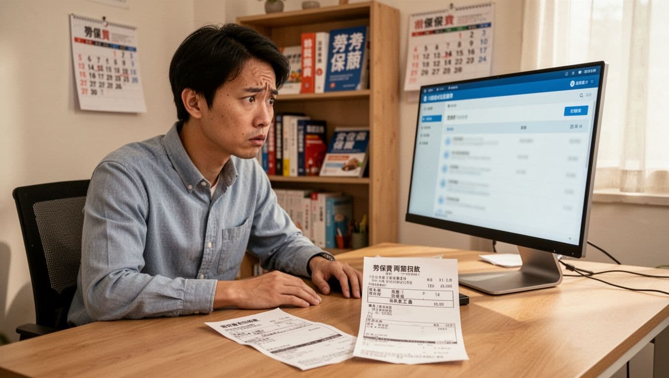 工會加保最怕的3件事:雙邊加保、欠費、資料不一致 A puzzled Taiwanese office worker sits at a home desk, staring at a computer screen and two bank notices showing duplicate labor insurance premium deductions from company and union.