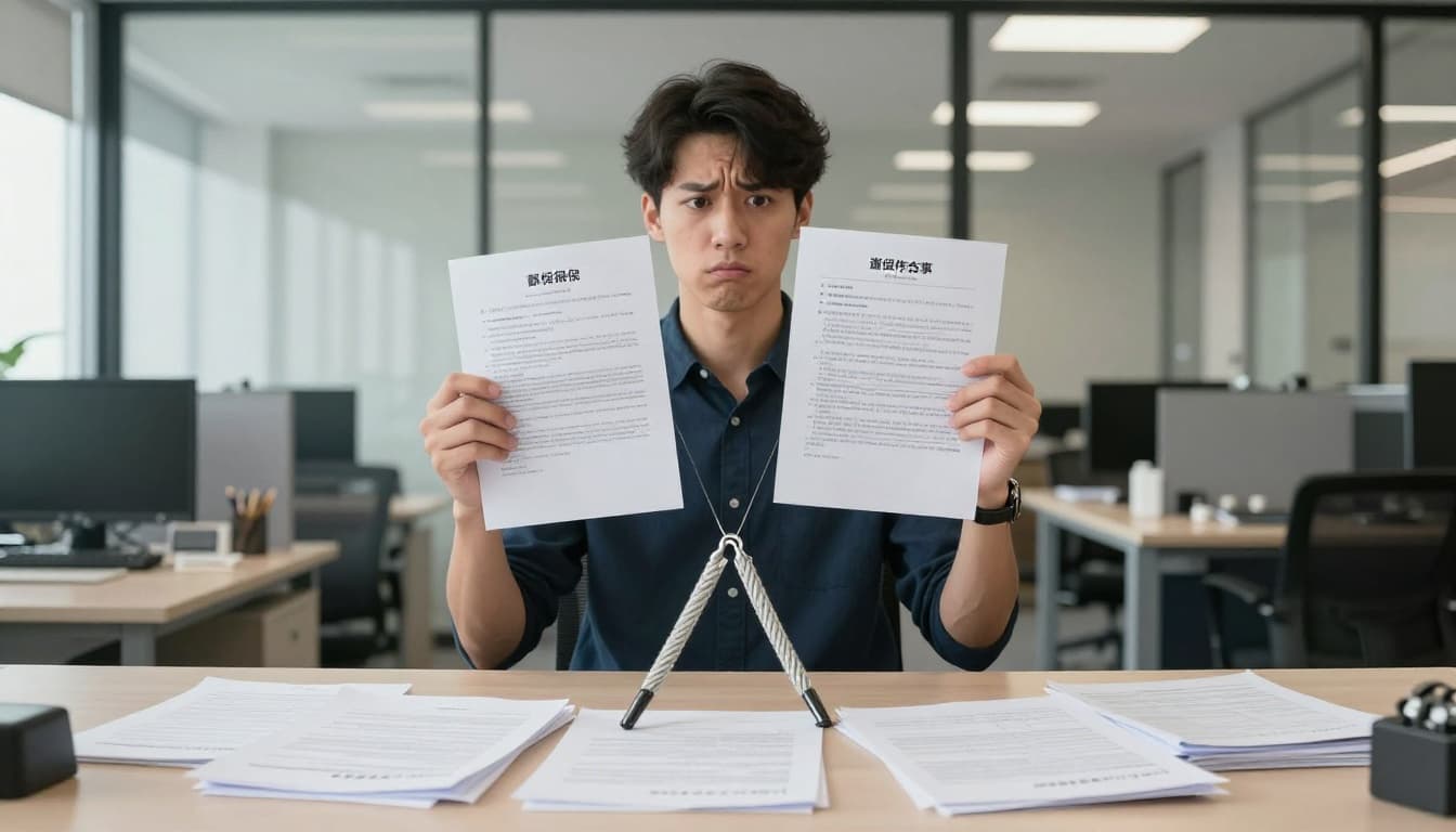 A Taiwanese youth holds two job contracts, standing confused between new and old employer offices, with a broken safety rope symbolizing insurance interruption amid messy documents in a modern, brightly lit office.