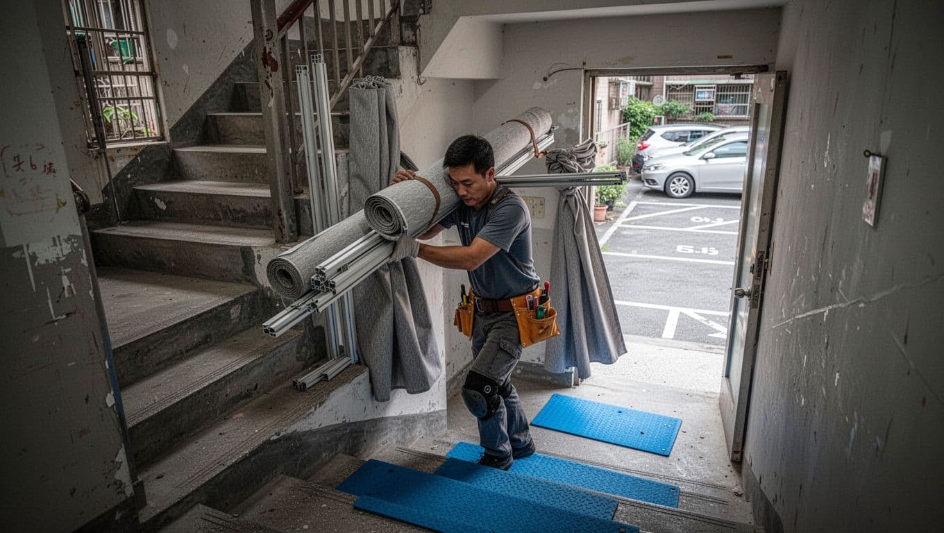 訂製窗簾加價項目表:常見4大類一次清單掌握 A single construction worker in a Taiwanese apartment building struggles to carry large rolled-up curtains and heavy aluminum tracks up narrow concrete stairs without an elevator, placing blue protective mats on the floor.