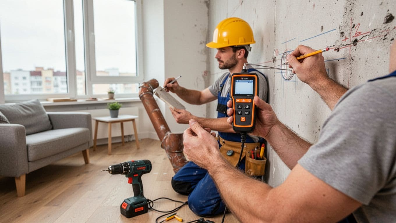 A safety-helmeted construction worker scans a living room wall near a window with a pipe and wire detector, marking safe spots with pencil, drill nearby on floor in bright modern interior.