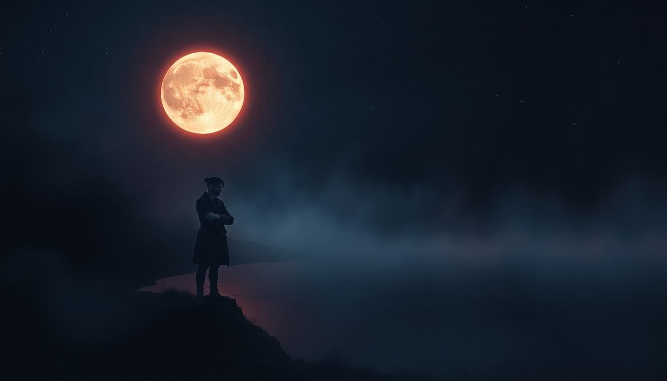 A dark, mysterious night landscape featuring a glowing full moon in the Scorpio constellation, illuminating a solitary figure standing at the edge of a deep, still pool of water that reflects the moon's light. The figure has a contemplative expression, arms crossed protectively, symbolizing hidden emotions and guarded inner feelings. Surround the scene with misty fog and subtle crimson hues to evoke intensity and passion. Use a realistic artistic style with dramatic shadows and soft highlights for an introspective mood. Foreground shows the figure and pool, background fades into starry night sky. No text or watermarks.