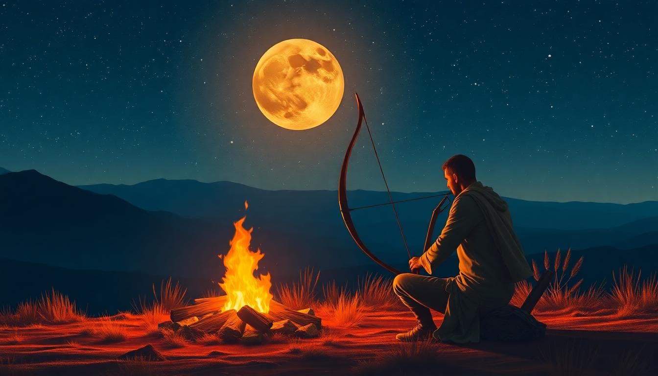 Image generated by AI: 射手座道歉的核心心態與自我修復意象，畫面呈現一位射手座的弓箭手在星空下沉思，象徵反思與自我成長