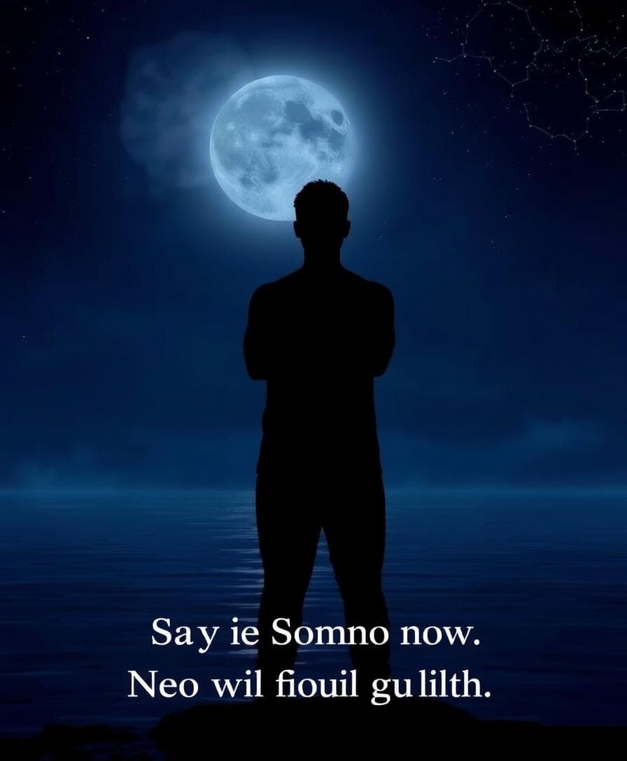 A contemplative figure under a Scorpio moon, standing firmly with arms crossed, symbolizing saying no without guilt. Deep blues and purples evoke intense emotions, foreground shows the person in a protective stance by a calm water edge, background features faint Scorpio constellation and starry night. Style is mystical and introspective, digital art with soft, empowering lighting.