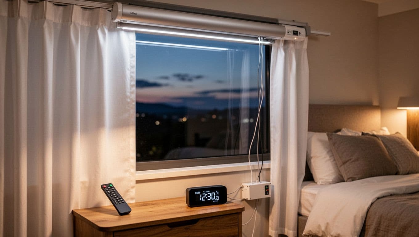 Photorealistic view of a modern bedroom at dusk, showcasing sleek white motorized curtains halfway open over a large window, with a black remote control on the wooden bedside table next to a digital clock. Warm bedside lamp lighting highlights the curtain motor, wires, and serene cozy bed in soft focus.
