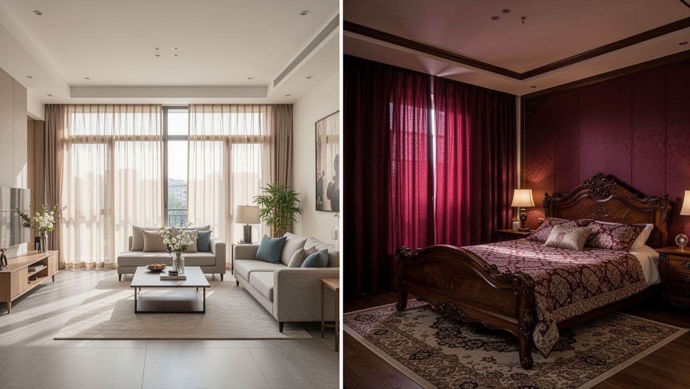 Side-by-side view of a spacious modern Taiwanese living room with minimalist furniture, sheer beige curtains, and abundant natural light, contrasted with an intimate traditional bedroom featuring deep burgundy curtains, ornate wooden bed, and a warm cozy glow.