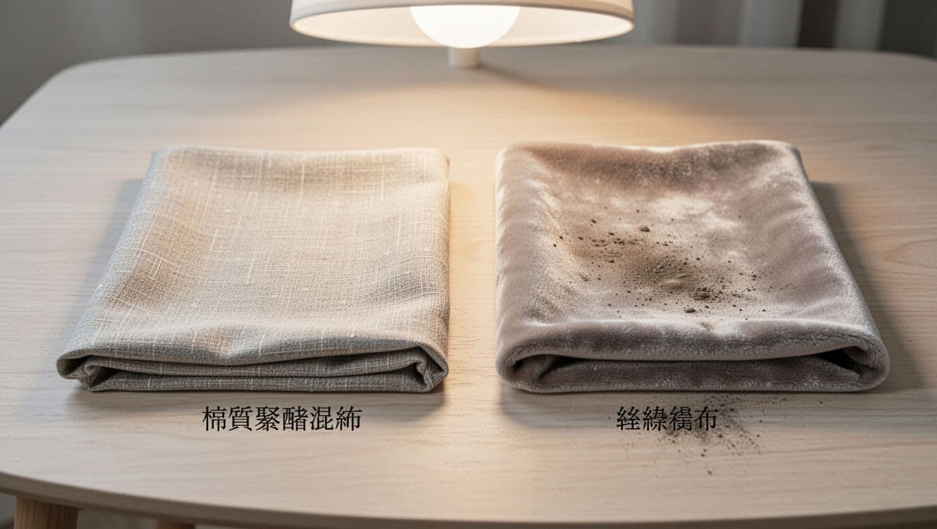 Desktop close-up comparing two curtain fabric samples: left cotton-polyester blend appears fresh, dirt-resistant, and lightweight; right velvet shows dust and slight fading. High-detail realistic photo with soft overhead light on a light wood table, landscape composition emphasizing material differences.
