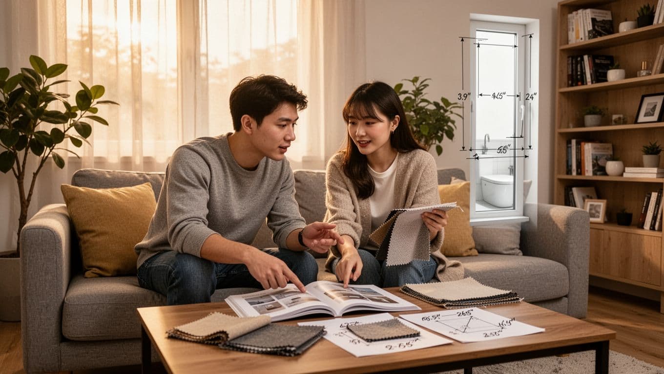 A young couple in a modern living room discusses custom small window curtain options using an open catalog on the coffee table, pointing to fabric samples and measurements for a nearby narrow bathroom-style window mock-up amid warm sunlight and cozy decor.