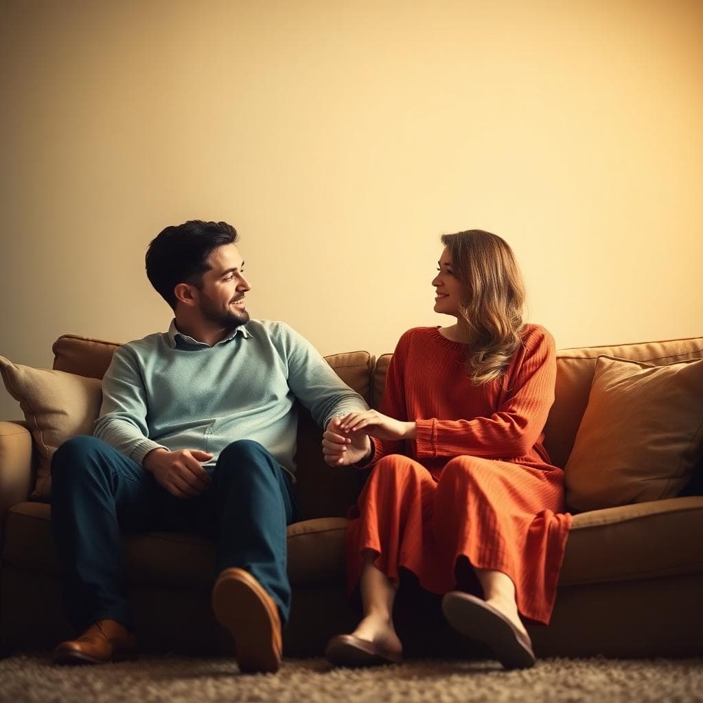 一對情侶在溫暖客廳的舒適沙發上輕握雙手,柔和燈光營造出安全與信任的氛圍,寫實風格,親密而寧靜的時刻。以 AI 生成的圖像。