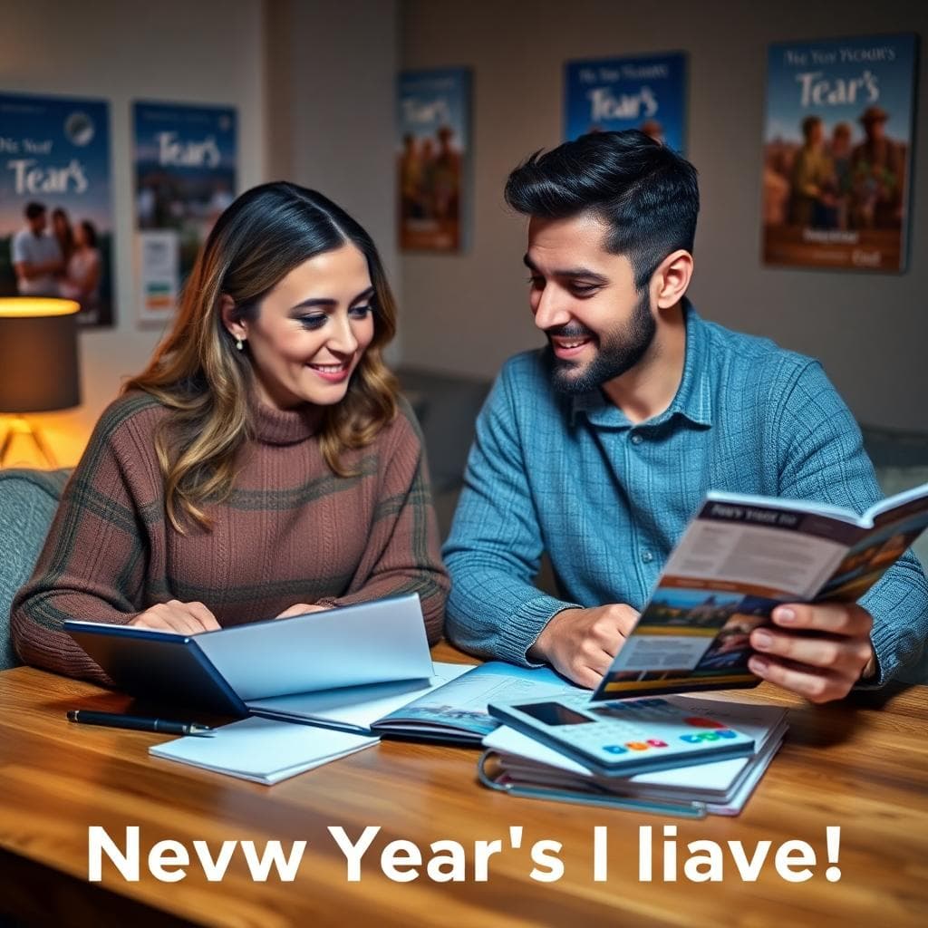 圖片說明:情侶在家中討論預算與路線,桌上有筆記本與旅遊資料,暖色燈光營造合作氛圍。Image generated by AI