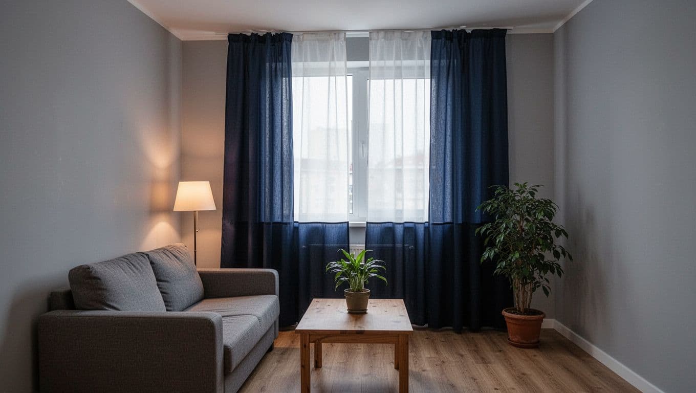 Photorealistic landscape of a small cozy apartment living room with mid-deep navy double-layer curtains on light gray walls, creating a spacious and inviting mood under daylight and evening lamp light. Features a simple sofa, wooden table, one potted plant, and one large window with no people or watermarks.