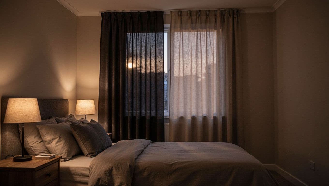 低預算訂製窗簾:遮光等級怎麼選睡得香 A comfortable bedroom during evening featuring medium blackout curtains on the window, blocking most external light while allowing a subtle glow, with the room dimly lit for restful ambiance. Includes one bed with pillows, a nightstand, and high-detail semi-opaque curtains in neutral tones.
