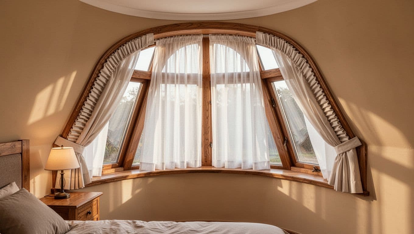 A cozy bedroom corner features a unique curved bay window with perfectly fitted custom-made curtains and soft morning light filtering through sheer fabric.