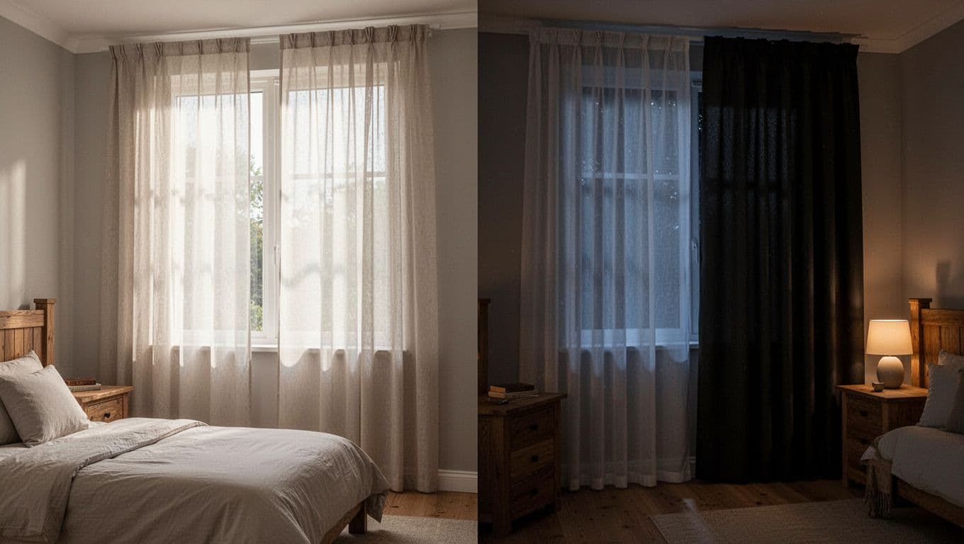 Photorealistic image of a cozy bedroom window split to show double-layer custom curtains in action: left side daytime with sheer layer filtering soft sunlight, right side nighttime with both sheer and blackout layers closed blocking all light, featuring smooth fabric draping, neutral colors, wooden bed frame, and warm ambient lighting.