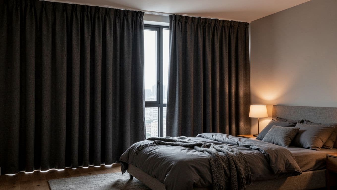 大面窗訂製窗簾怎麼估價?先抓寬高面積數字 Photorealistic image of a cozy modern bedroom with a large floor-to-ceiling window fully covered by thick heavy dark gray blackout curtains, blocking all sunlight for a dark restful interior. Detailed fabric textures, soft lamp light, no people present.