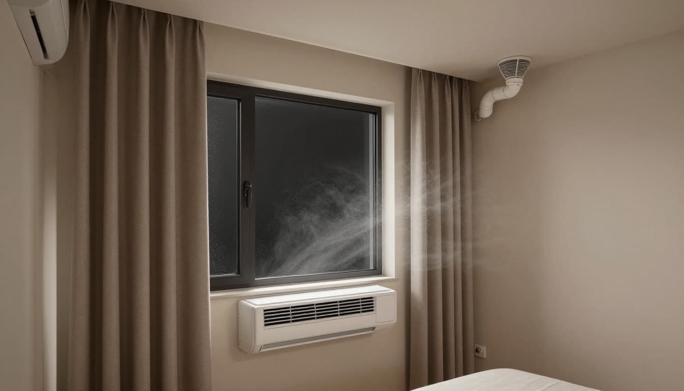 Photorealistic cozy bedroom window area with low air conditioner vent near sill blowing air, ceiling-mounted circulation fan above, and dehumidifier drainage pipe along the wall. Depicts potential curtain airflow interference and condensation hints on cold surfaces in modern neutral decor with warm lighting.