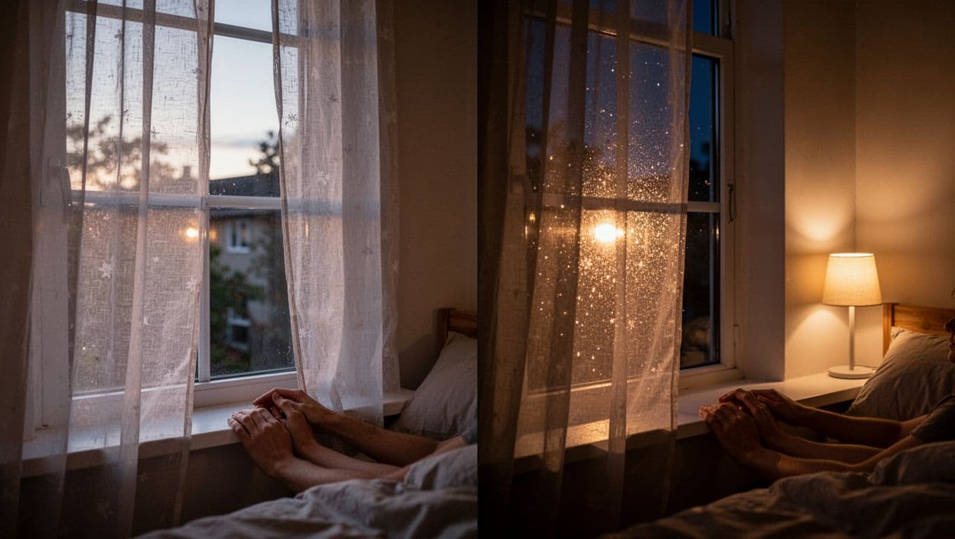 訂製窗簾不同房間要花多少?客廳臥室書房估算全指南 Split-image of a cozy bedroom window with semi-transparent curtain: daytime view allows seeing outside while blocking indoor sight, nighttime with lights on reflects to prevent peeking inside; features relaxed hands on sill, simple bed and lamp, soft warm lighting, high detail realistic photo.