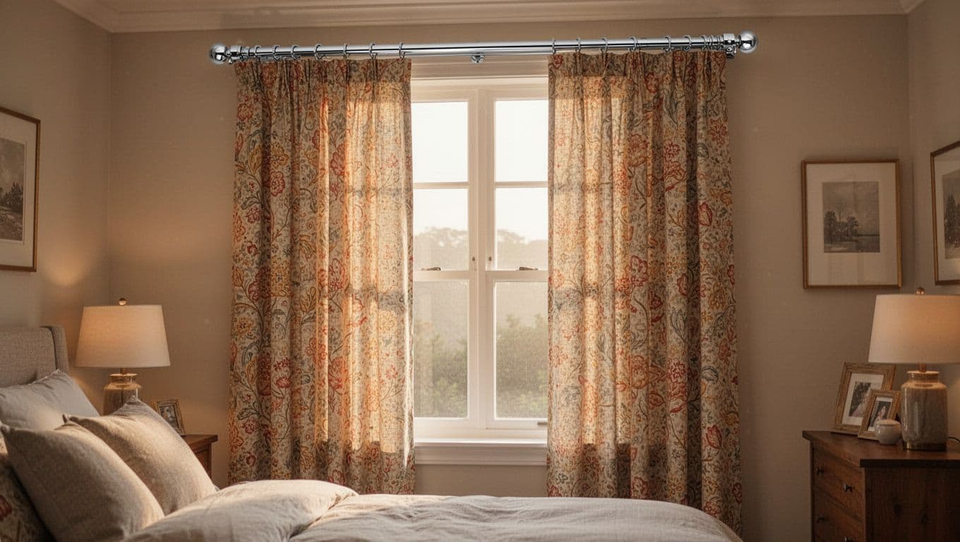 窗簾只換軌道不換布可以嗎?費用優缺點與限制全解析 Soft morning light illuminates a cozy home bedroom window where beautiful curtain fabric hangs perfectly straight and smooth on a shiny new track, blending seamlessly with the room's elegant decor. Realistic interior photo with detailed fabric folds and gleaming track, no people or text present.