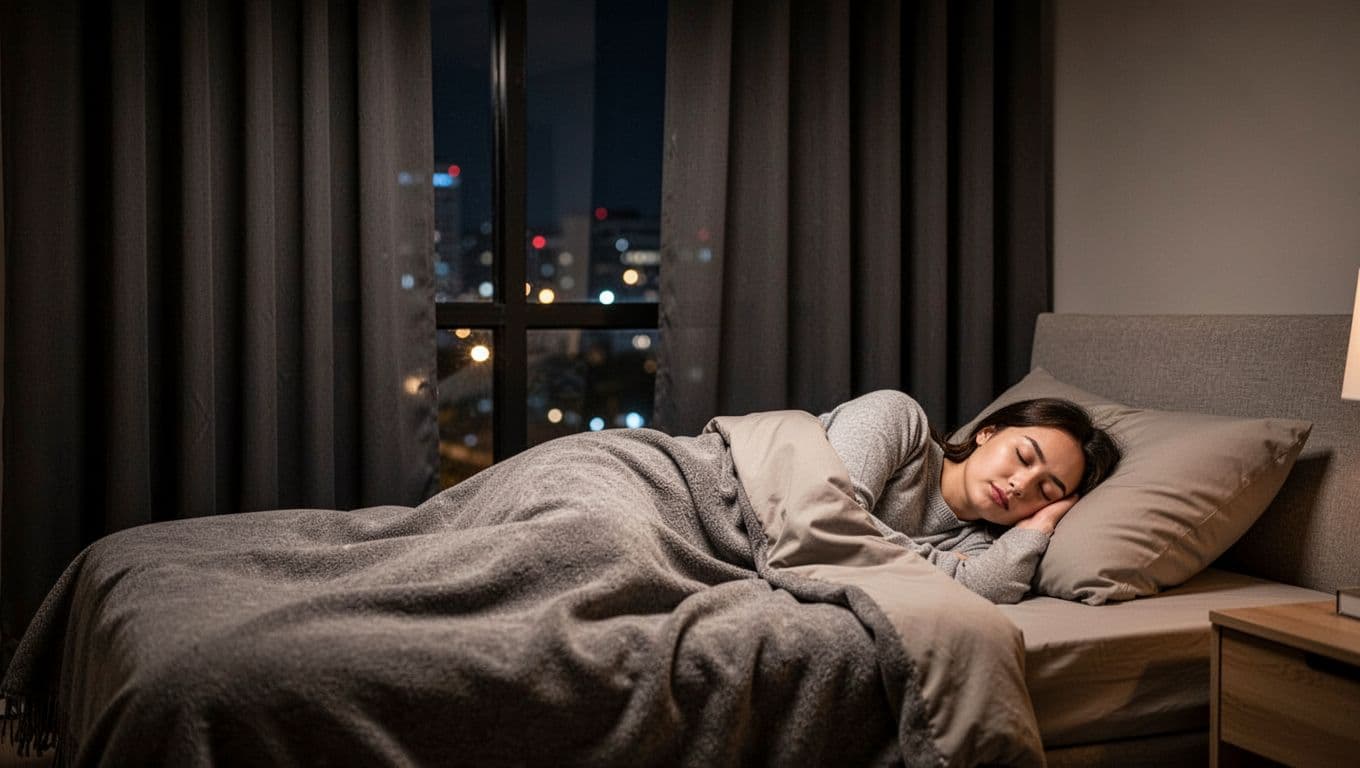低預算訂製窗簾:遮光等級怎麼選睡得香 A peaceful bedroom completely darkened by high-quality blackout curtains blocking all external light, with a single person sleeping soundly under covers.