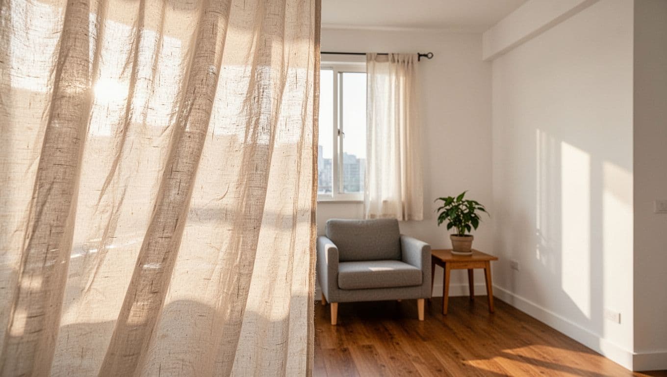 A cozy compact apartment living room bathed in soft morning sunlight filtering through lightweight airy Taiwanese cotton curtains, with a minimalist sofa, wooden side table, potted plant, clean white walls, and hardwood floor creating an uncluttered spacious feel.