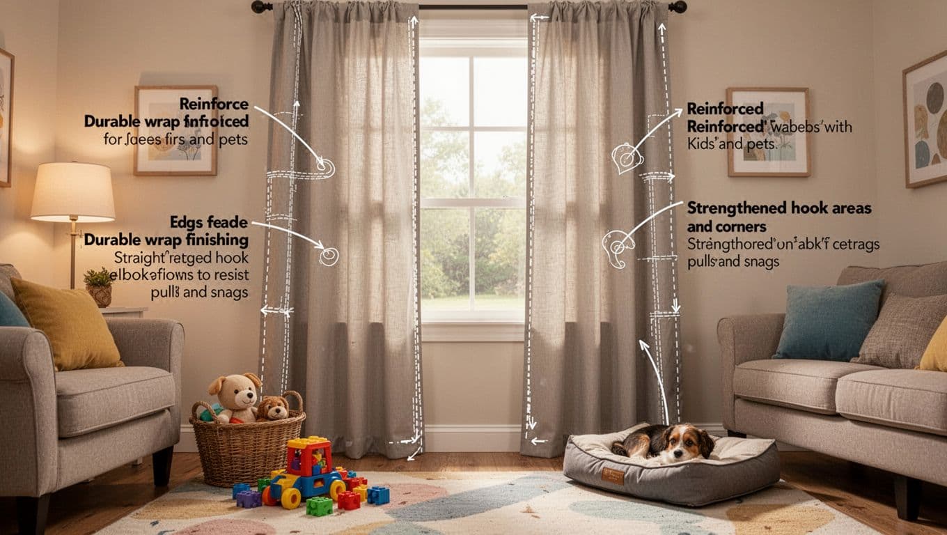 Cozy family living room featuring custom curtains with durable wrap finishing, strengthened hooks, and snag-resistant corners for homes with kids and pets. Curtains hang straight on one window, with a toy basket and pet cushion nearby under warm lighting.