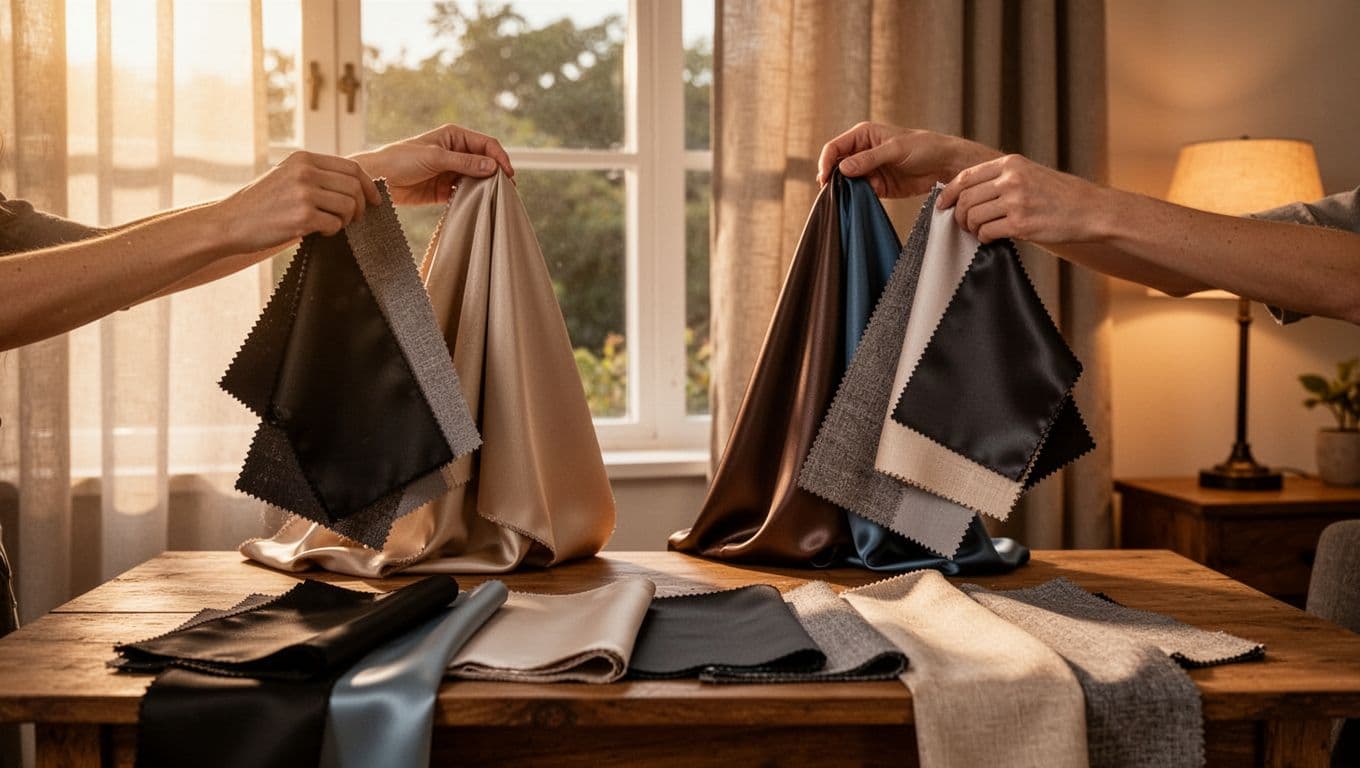 In a cozy home interior with a window view, two hands hold multiple curtain fabric swatches of different colors, textures, and sheens, illuminated by morning sunlight from the left and warm evening lamp from the right to show variations in color, drape, and light transmission. A wooden table below organizes additional swatches, captured in realistic photo style with detailed fabrics and soft lighting.