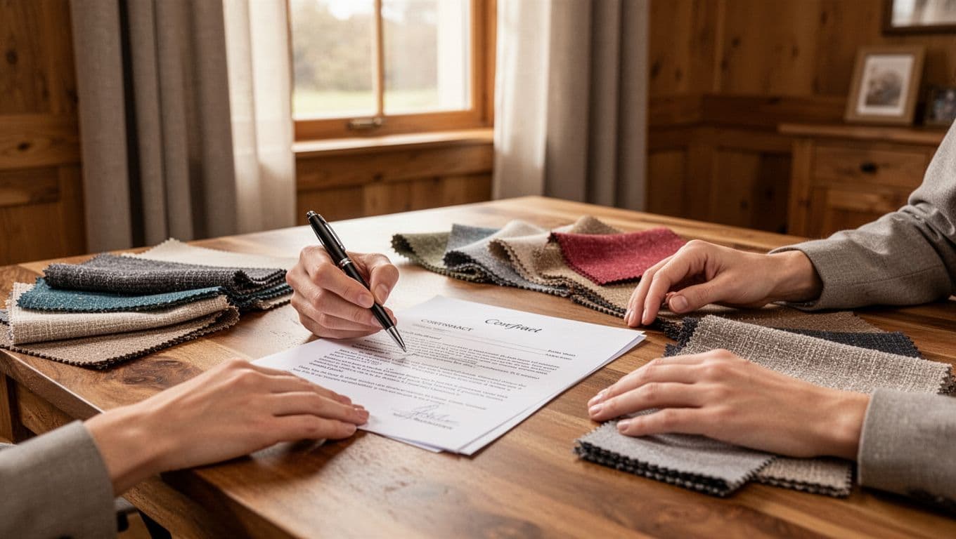 A cozy home office features a wooden desk with a contract document and pen held by one hand, while the other rests near various curtain fabric swatches. Soft natural light streams through a large window with installed custom curtains, creating an inviting and professional atmosphere.
