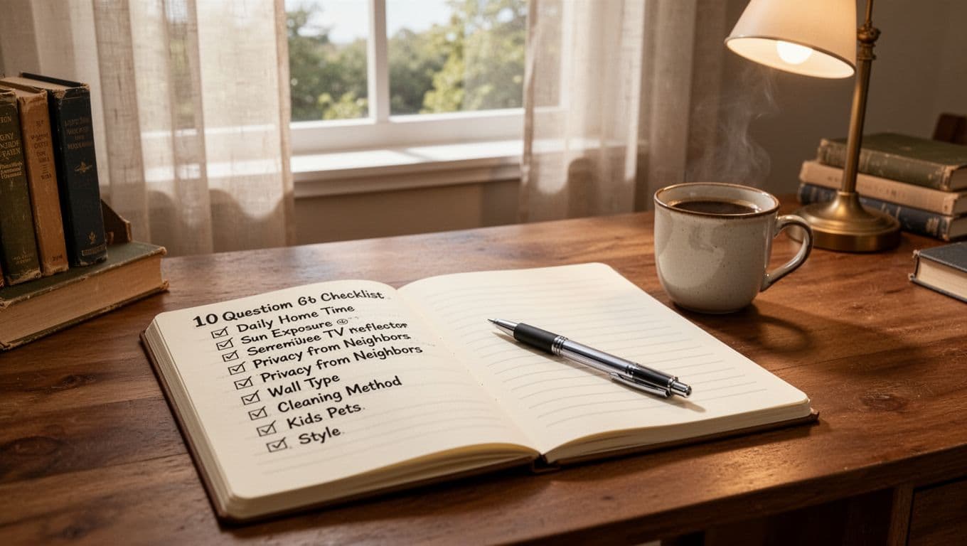 訂製窗簾不同房間要花多少?客廳臥室書房估算全指南 Cozy wooden home office desk with open notepad displaying subtle placeholder lines for a 10-question curtain needs checklist, ballpoint pen, coffee mug, books, lamp, and window with natural daylight through sheer curtains, warm productive mood, no people.