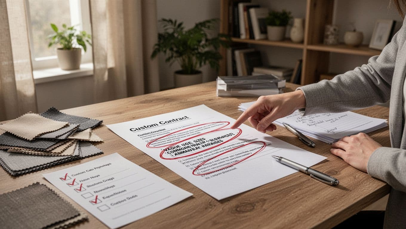 訂製窗簾合約要寫什麼?尺寸材質時間全條款,避免爭議 Photorealistic scene in a cozy home office with a wooden desk holding a printed custom curtain contract marked with red pen circles around trap phrases like vague sizes or missing details. A single hand points to the highlights amid fabric swatches, checklist, and pen, under soft natural light in a neutral-toned room with bookshelves and plants.