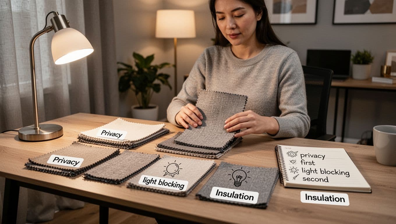 In a cozy home office, one person sits at a desk sorting curtain fabric swatches by priority labels like privacy, light blocking, and insulation, with a notebook listing functions and hands holding one swatch under soft lamp light.