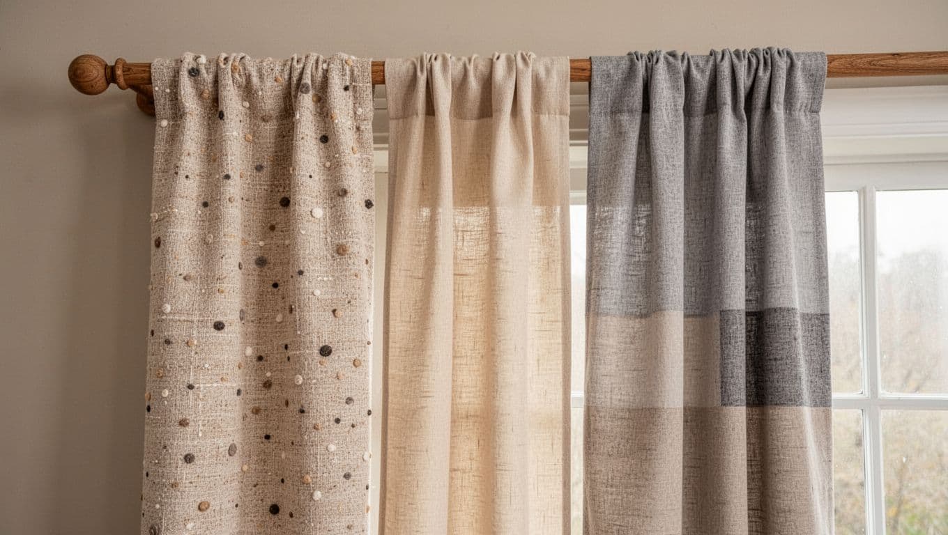 Photorealistic landscape of a cozy home interior displaying three durable light-colored curtain swatches: beige textured with dots, warm milky beige, and light gray-beige mix, draped over a wooden rod with natural window light highlighting fabric details.