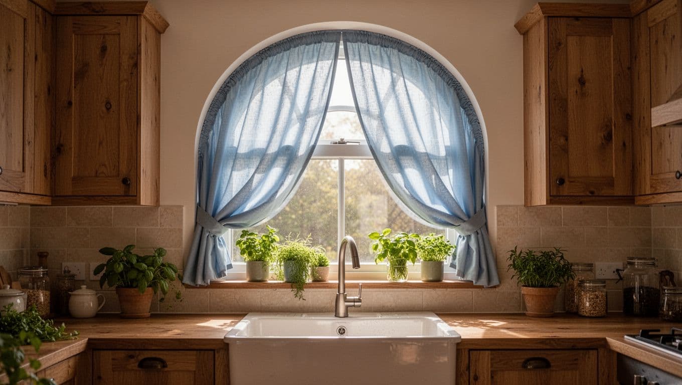 A cozy kitchen features an irregular arched window above the sink with a custom light blue curved curtain half-drawn to let in soft morning sunlight, wooden cabinets, and fresh herbs on the sill.