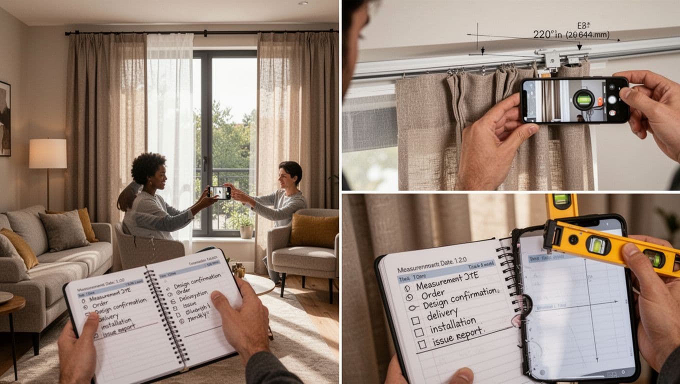 Realistic photo in a cozy modern living room where one person photographs a large window with faulty custom curtains, capturing track misalignment with a level tool and smooth/jerky operation, notebook open to installation timeline nearby.