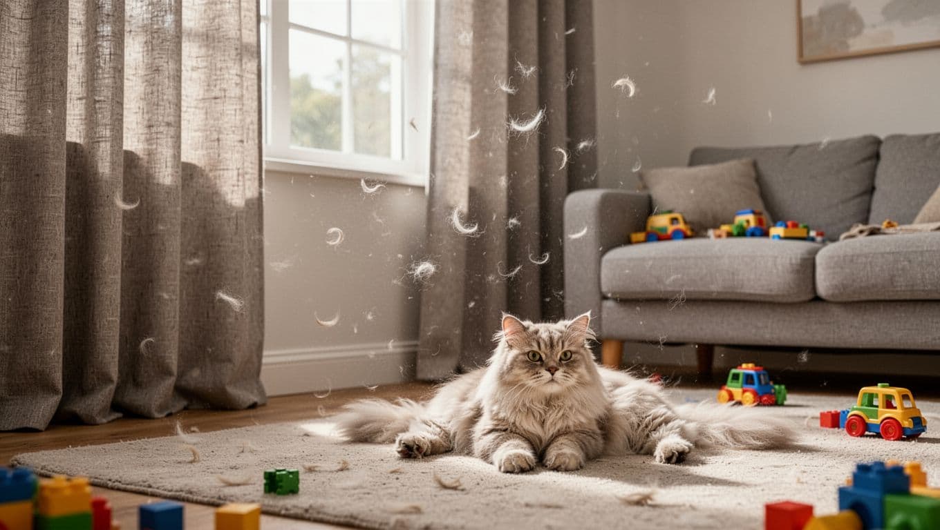 Photorealistic landscape of a cozy family living room with textured neutral mid-gray curtains lightly dusted with barely visible light-colored pet fur, a single light-furred cat resting naturally on the floor with relaxed paws, soft natural daylight from a window, simple sofa and toys, high detail on fabric textures.