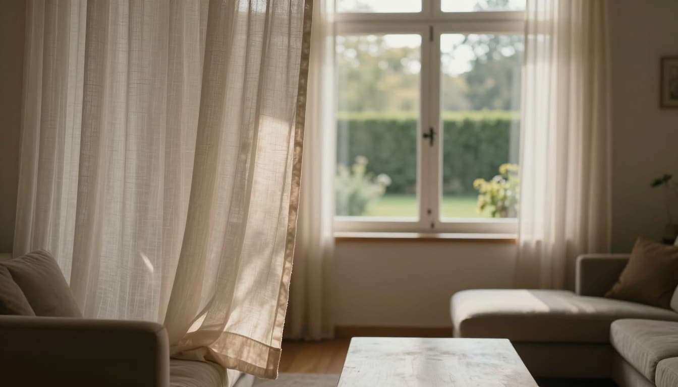A cozy daytime living room with sheer light-filtering curtains allowing soft diffused sunlight to highlight furniture gently, featuring one billowing curtain panel in the foreground and a garden view through a large window in the background.