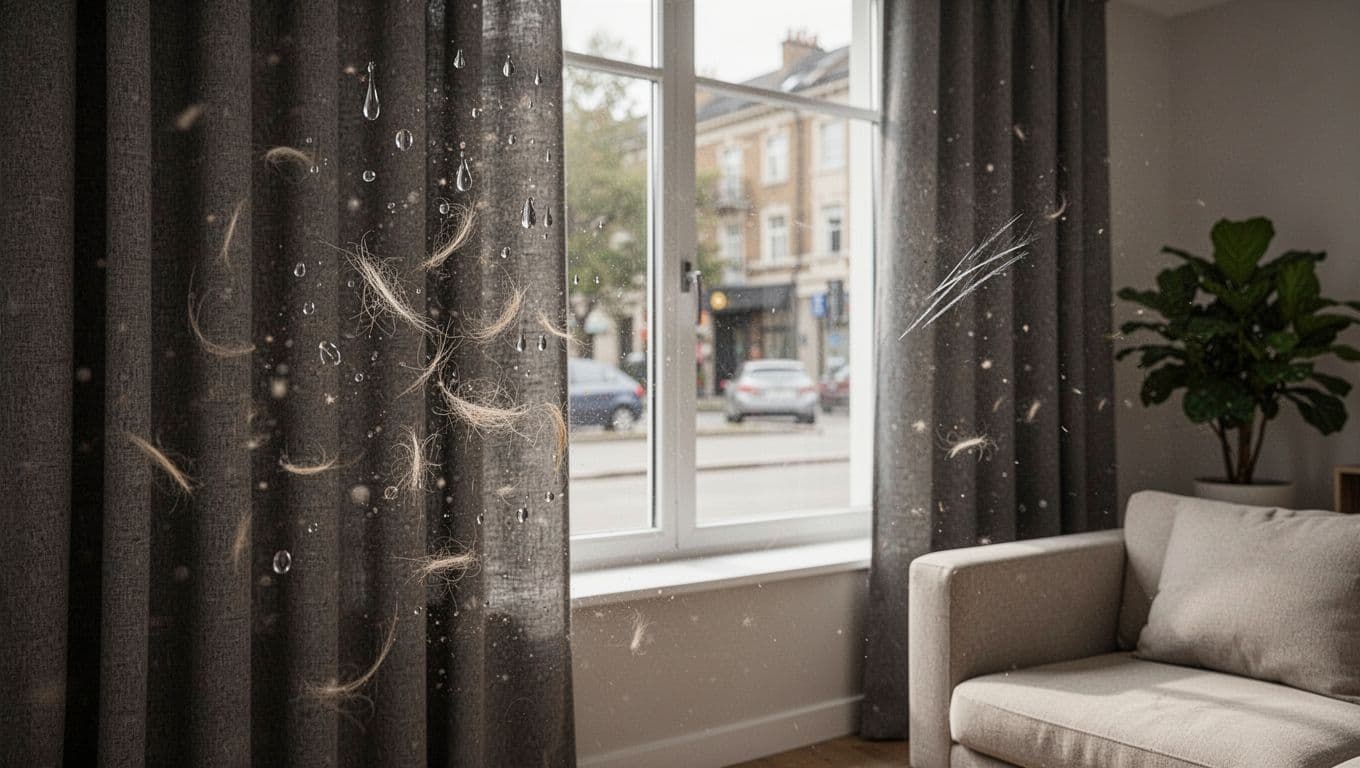 Photorealistic landscape of a cozy modern living room window with dark gray curtains where pet hairs, dust, water droplets, and nail scratches are visible under soft natural daylight, with beige sofa and potted plant in background.