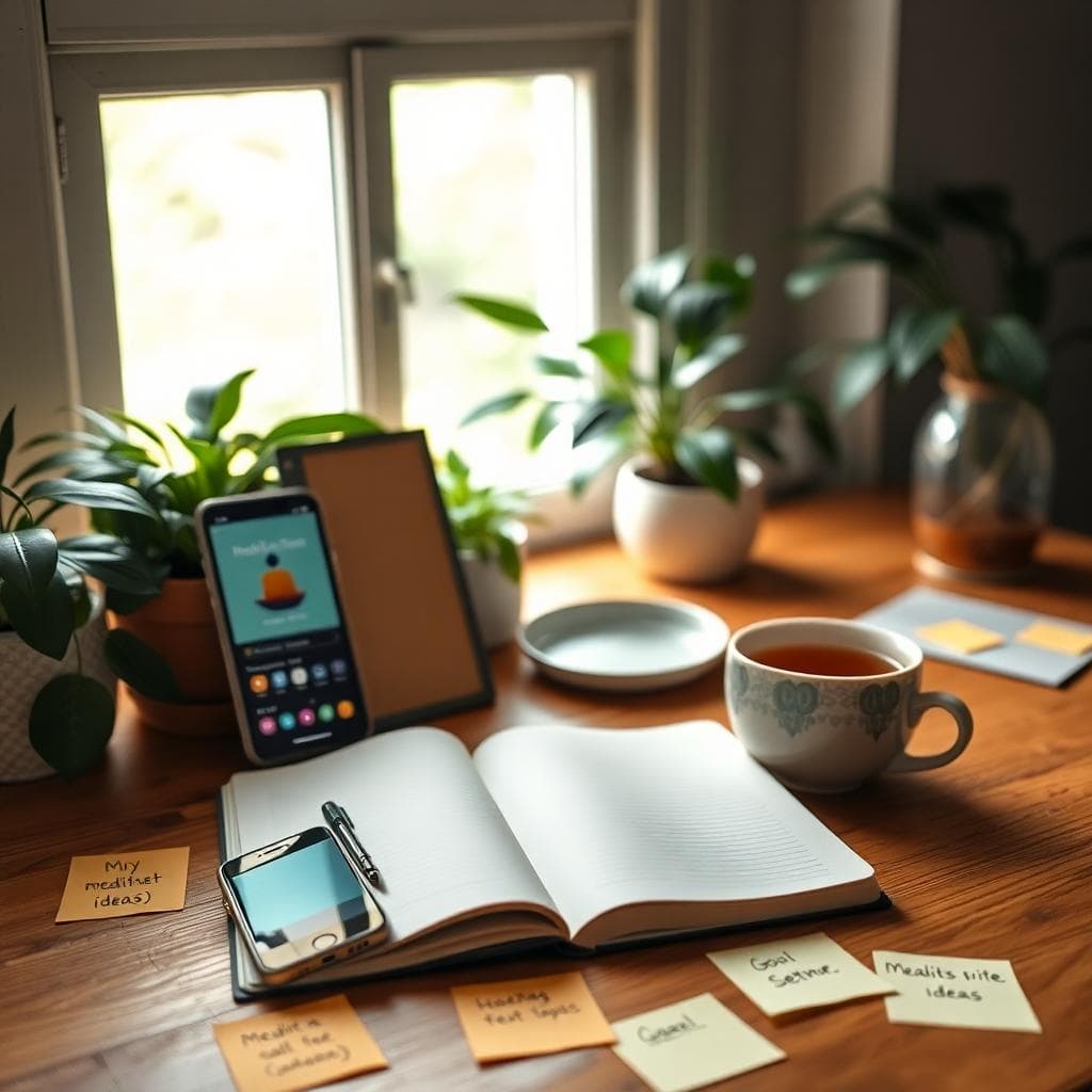 一個溫馨的工作空間，用於情緒療癒和自我反省，包含一本打開的筆記本和筆、一支顯示冥想App介面的智慧手機、散落的便利貼記錄目標想法、桌上的茶杯、透過窗戶灑入的柔和自然光線和背景植物，溫暖色調的寫實攝影風格，高細節強調物件以突出準備和正念。圖片由AI生成。