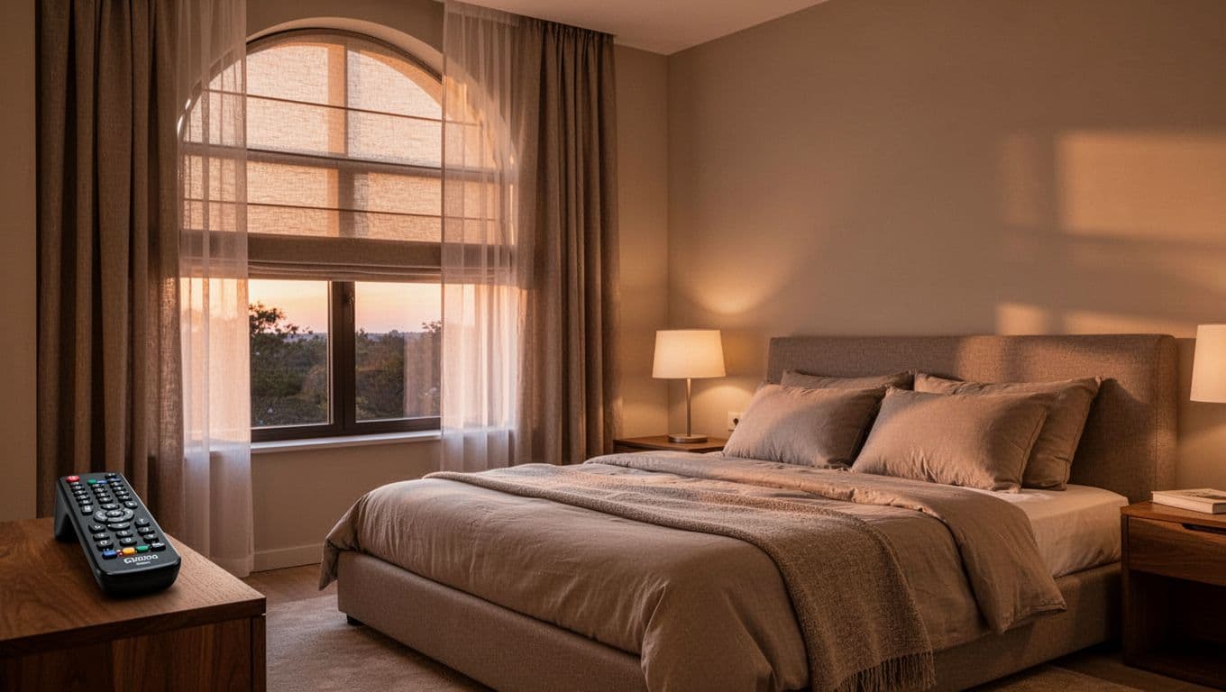 特殊窗型訂製窗簾會貴多少?轉角窗、弧形窗費用解析 A serene modern bedroom features a king-size bed with neutral bedding, an arched window with layered Roman shades and curtains, a wooden bedside table with a remote control, and warm evening light in a minimalist style.