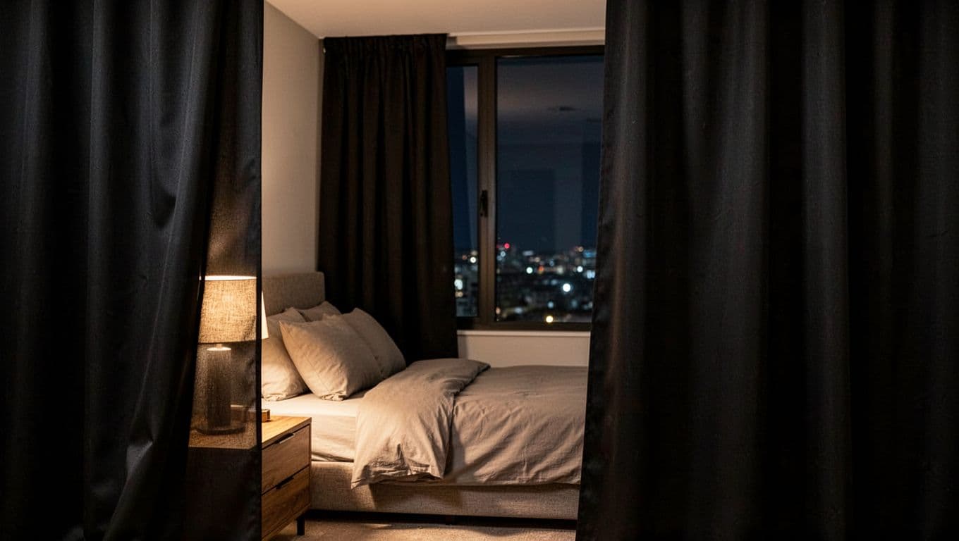 A cozy modern bedroom at night with thick blackout curtains fully drawn, blocking all outside light for complete privacy; soft warm indoor lighting on bed and nightstand, close-up curtain texture.